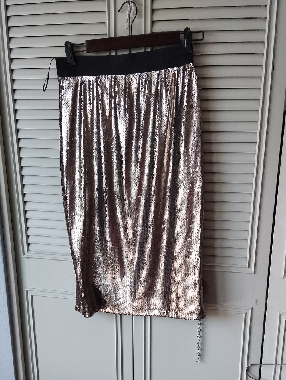 Sequin Pencil Skirt with Black Waistband